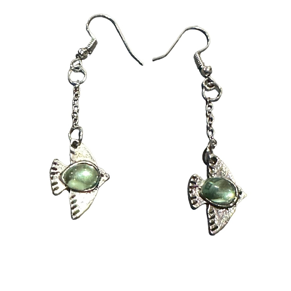 Silver Bird Drop Earrings with Green Gemstone